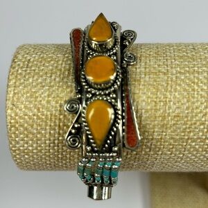 NEW Coral & Copal Amber Turquoise Colored Beads Tibetan Nepalese Silver Bracelet